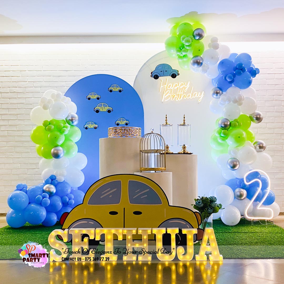 Car Theme Blue Green White 2nd Birthday 9 inch LED